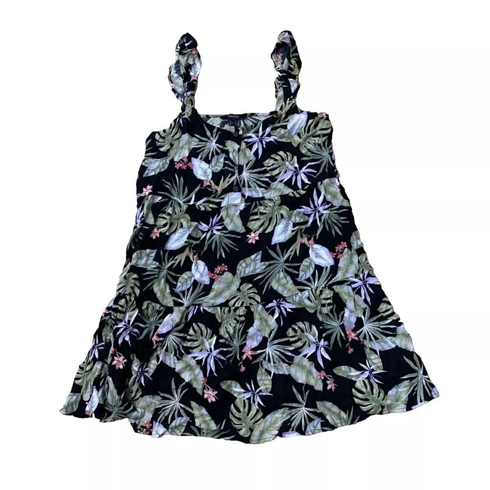 New FOREVER 21 Floral Dress Women M Button Green Black Leafy Sleeveless Tropical